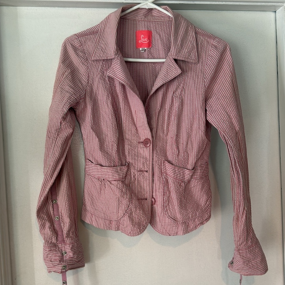 Lux Anthro Seersucker Pink & Light Grey Striped Jacket, Blazer, Size M